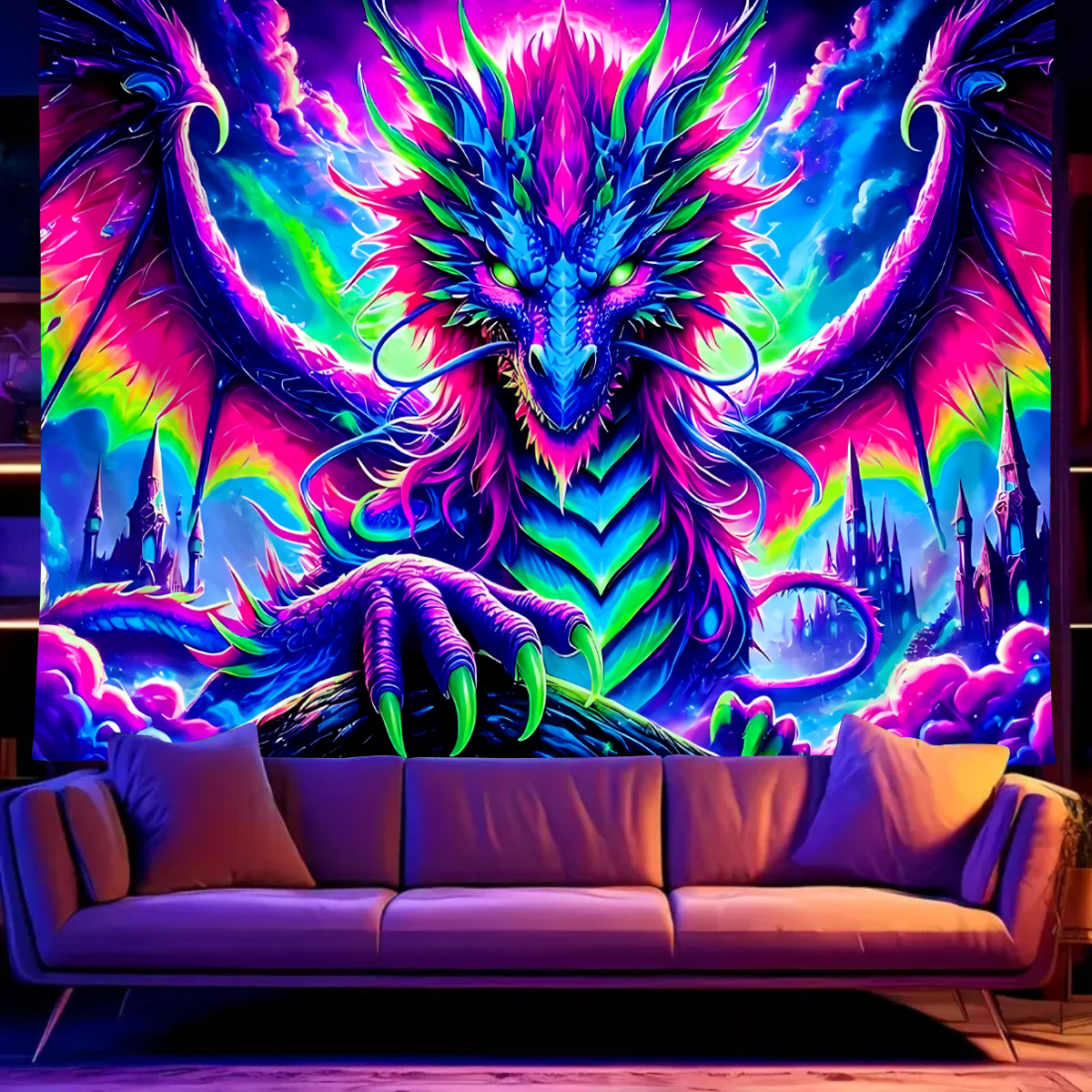 Wall Scroll Tapestry - 1pcFluorescent colored dragon tapestry, UV reactive